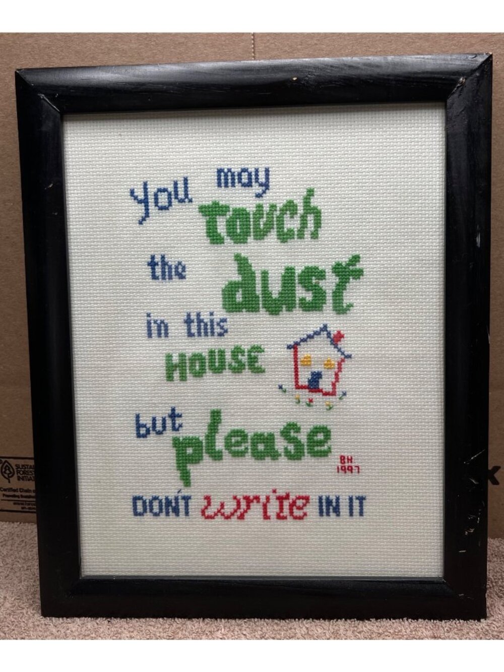 Vintage 1997 Cross-Stitched Wall Art Black Frame Humorous Dust Quote Handmade